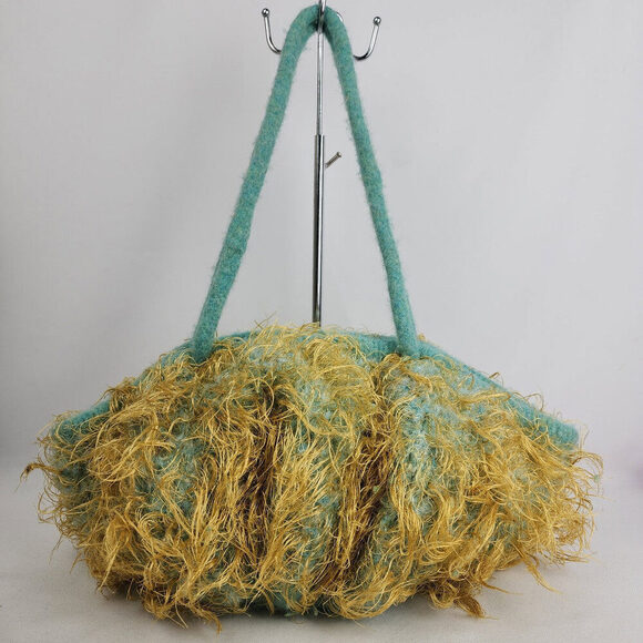Hand knit Wool Aqua Eyelash Knit Satchel Purse - Picture 1 of 7